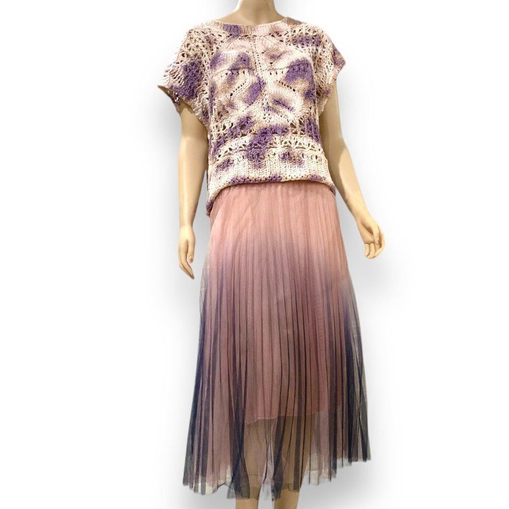 High Waist Pink Pleated Multi Layer Mesh Midi Skirt - NEW